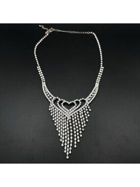Vintage Rhinestone Fringe Bib Necklace Silver Tone Choker Collar Hearts 16"-18"